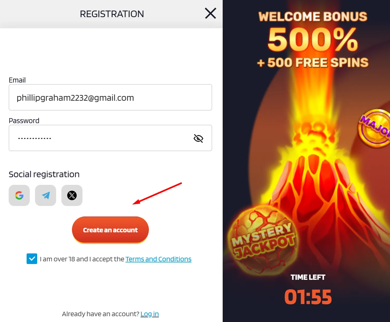 registration form with bonus banner