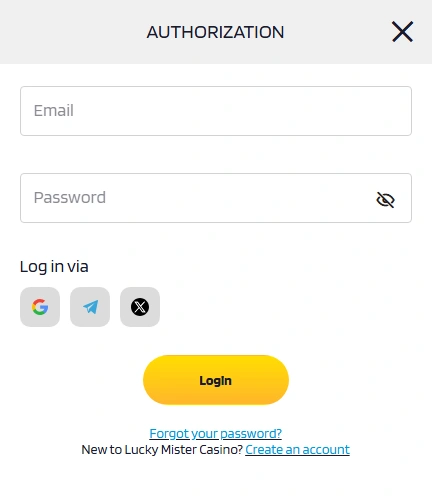 Lucky Mister login form interface